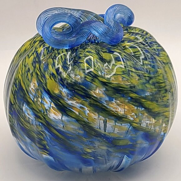 John Fenton Art Glass Pumpkin Blue Yellow Frit Appears Greenish 2014 4 1/2" Dm - Picture 3 of 11